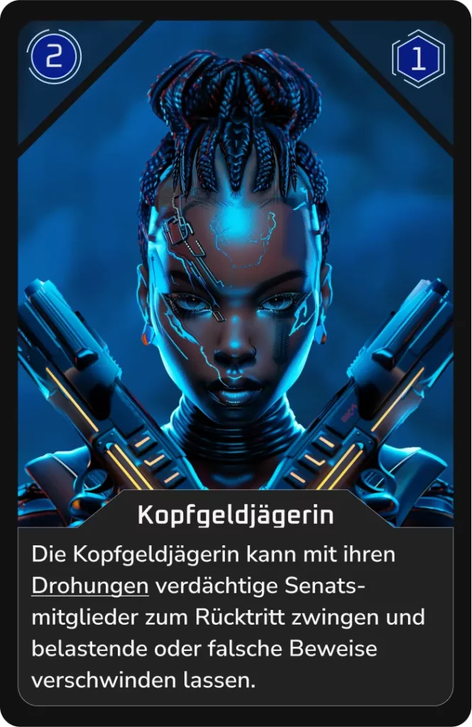 Cyberpunk-Kopfgeldjägerin mit zwei Pistolen, bereit zum Handeln.