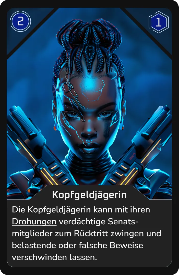 Cyberpunk-Kopfgeldjägerin mit zwei Pistolen, bereit zum Handeln.