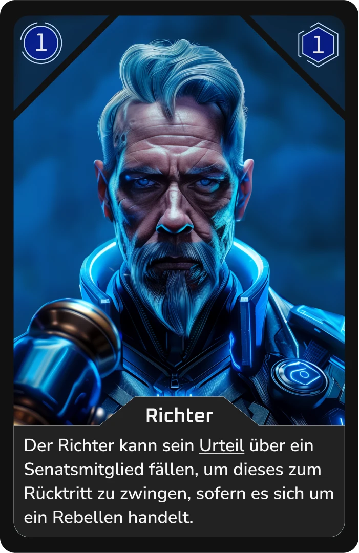 Nahaufnahme eines streng blickenden Richters in futuristischer Rüstung.
