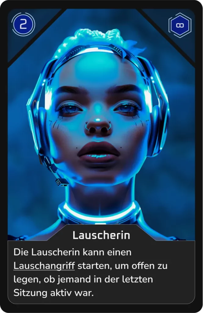 Cyberpunk-Frau mit Kopfhörer in blauem Neonlicht.