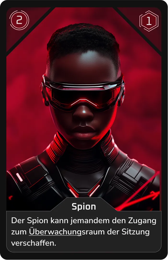 Nahaufnahme einer futuristischen Spionin in roter Beleuchtung.