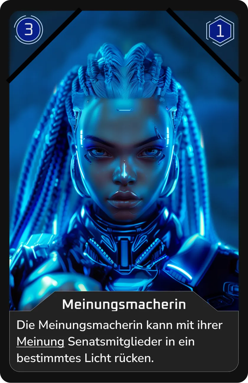 Nahaufnahme einer futuristischen Frau mit blauen Zöpfen.