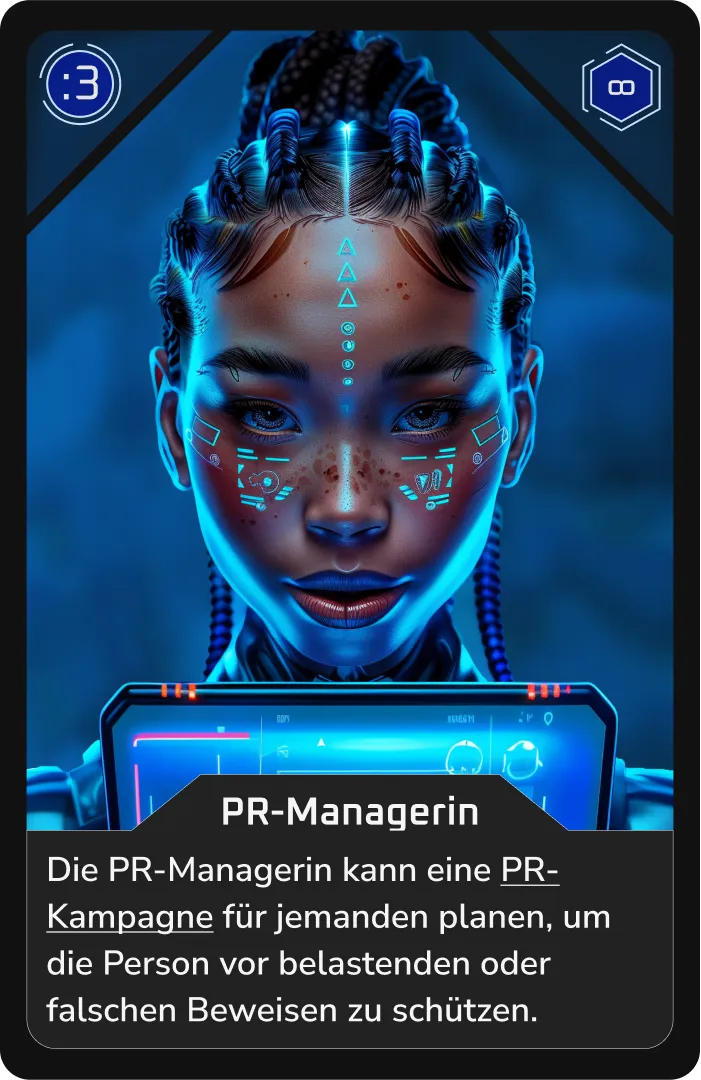 Futuristische PR-Managerin plant Schutzkampagnen gegen falsche Beweise.