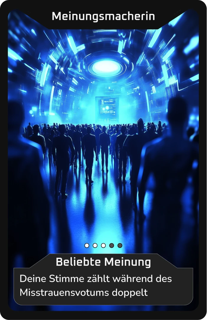 Menschenmenge in futuristischer, blauer Umgebung.