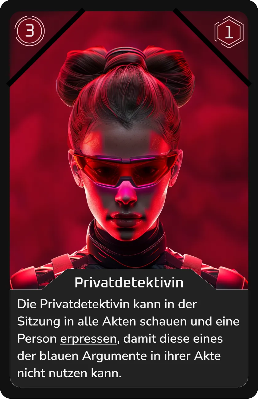 Cyberpunk-Privatdetektivin mit roten Akzenten im Neonlicht.