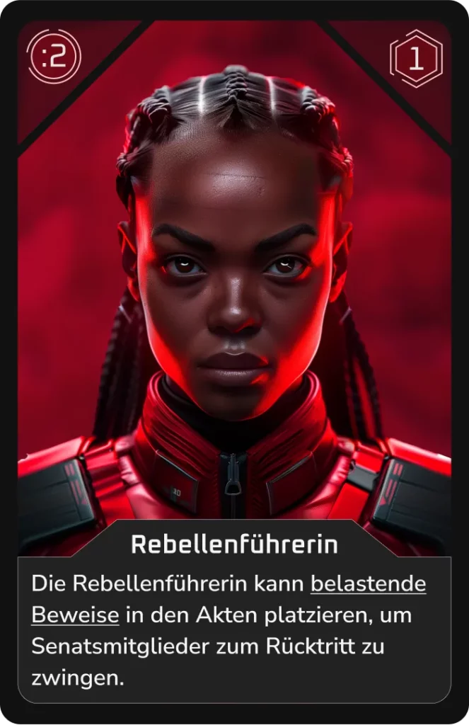 Nahaufnahme einer entschlossenen Rebellenführerin in roter Kampfmontur.