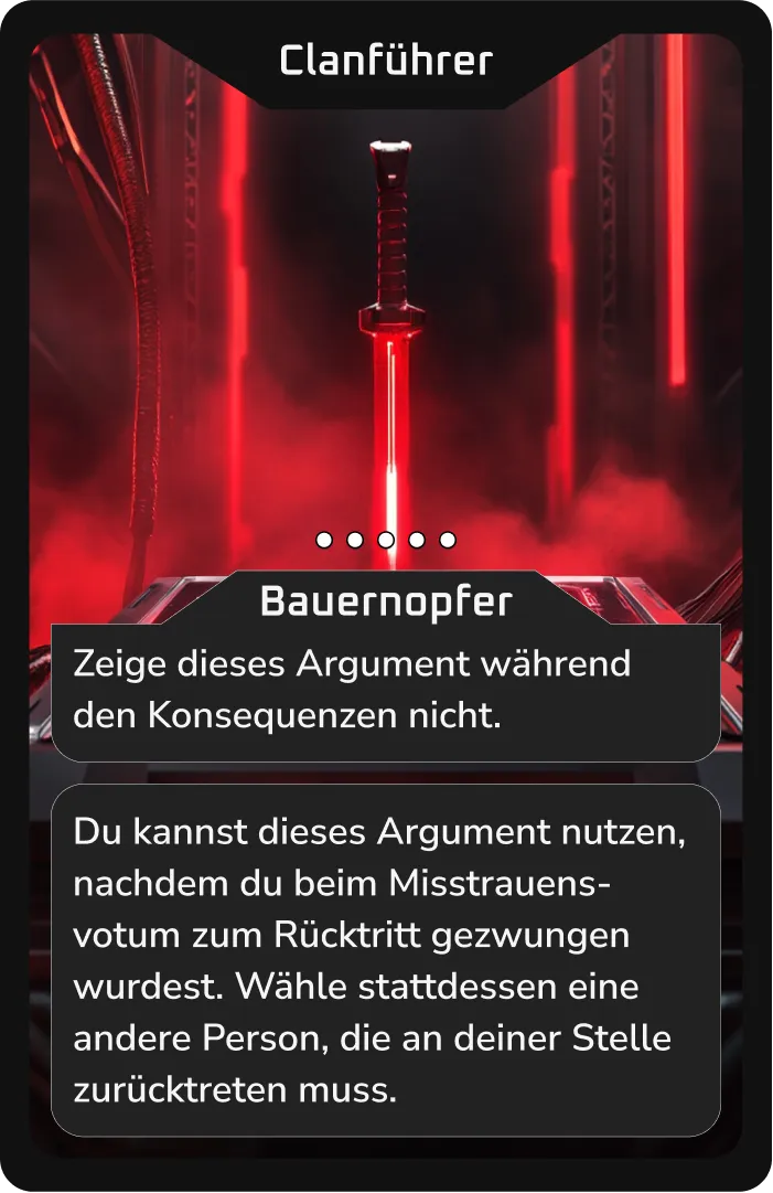 Rotes Schwert im dunklen Hintergrund; Kartenbeschreibung: Bauernopfer.