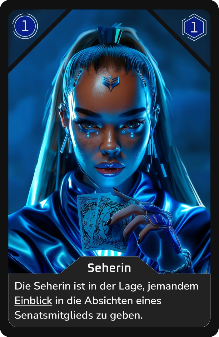 Futuristische Seherin hält Karten und enthüllt Geheimnisse.