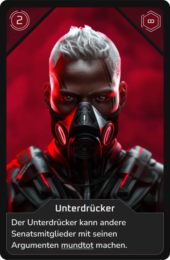 Nahaufnahme eines futuristischen Soldaten mit Gasmaske vor rotem Hintergrund.