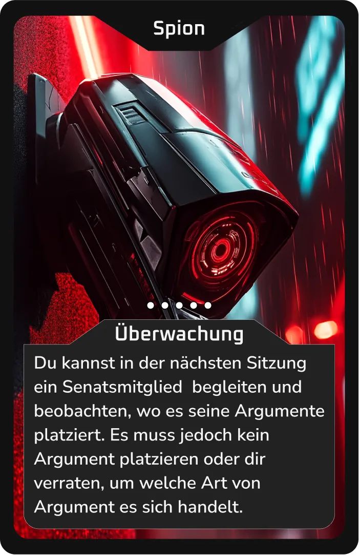 Futuristische Überwachungskamera beobachtet eine Senatsitzung.