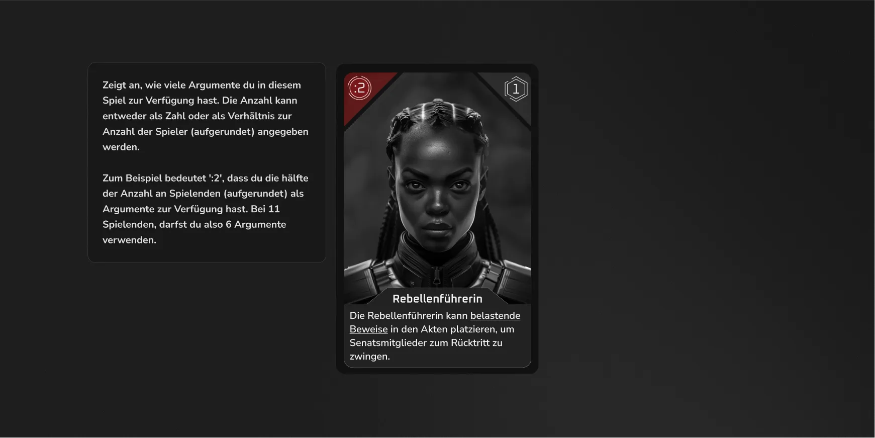 Spielkarte: Ernste Rebellenführerin mit 2 Argumenten.